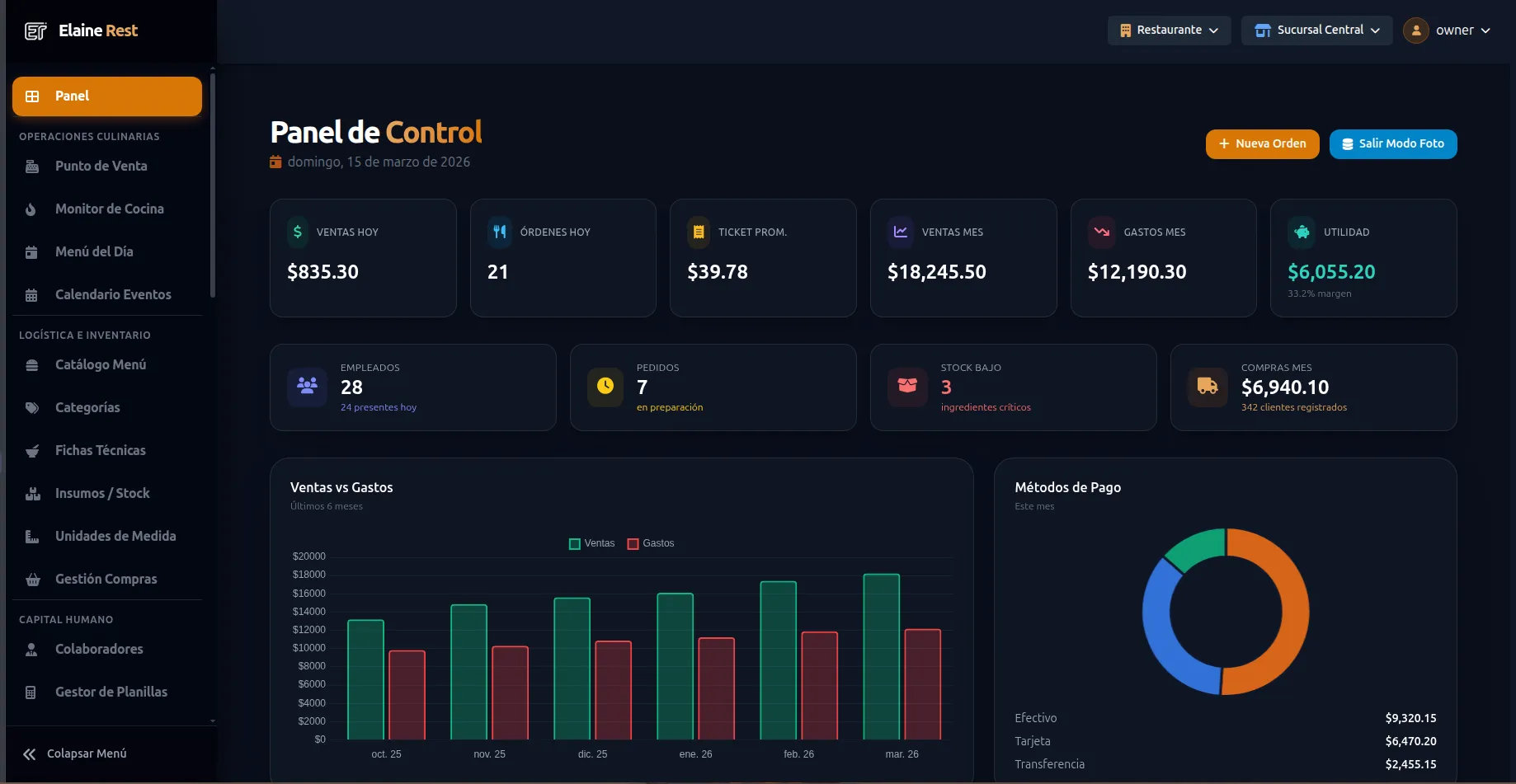 Dashboard principal — Elaine System ERP